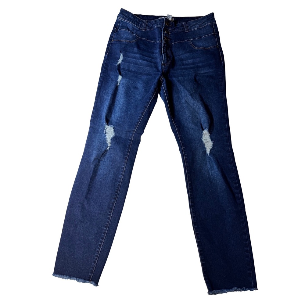 Refuge High Rise Skinny Jeans Dark Wash Distressed Frayed‎ Hem Size 12